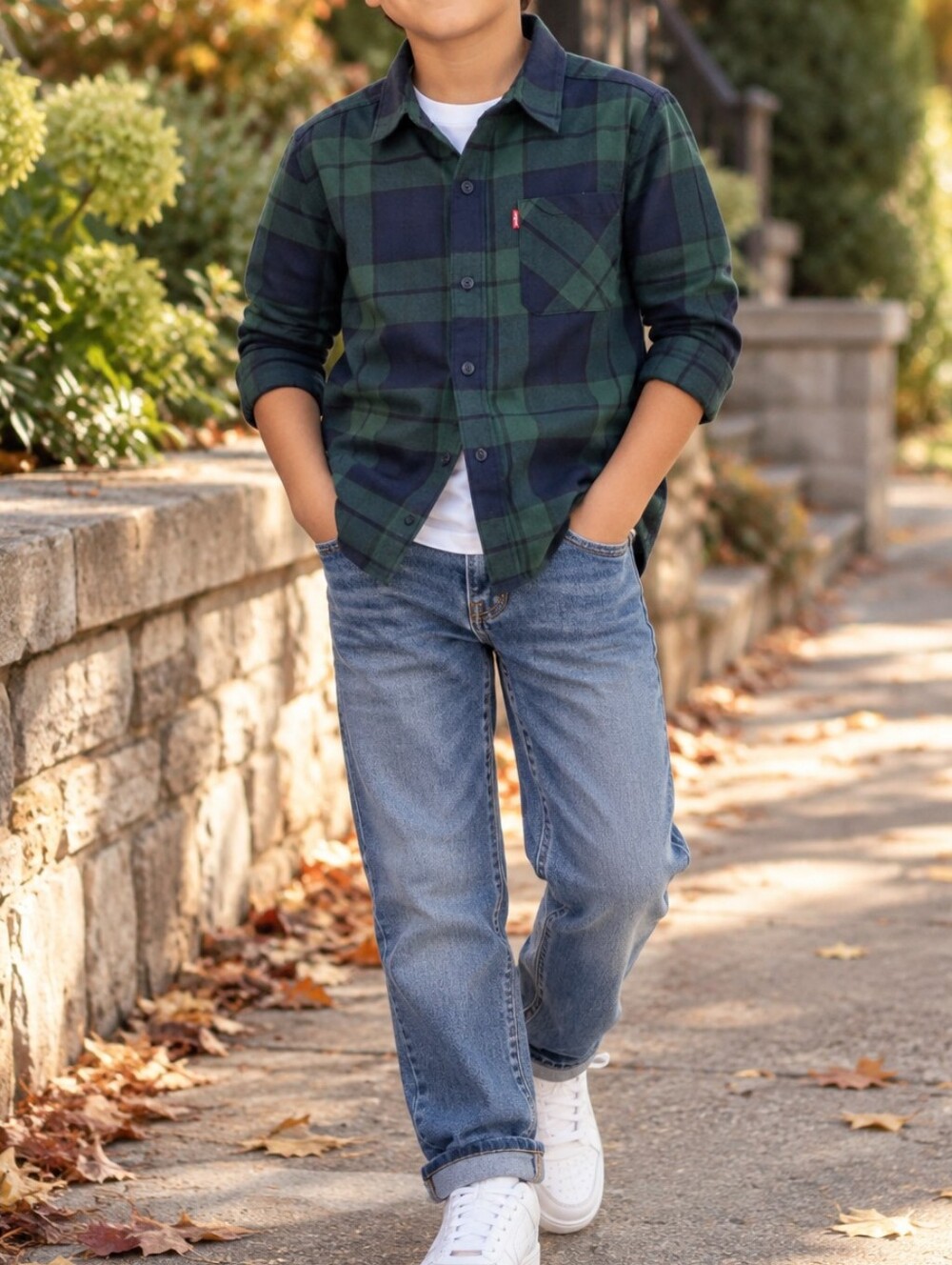 Levi’s Kids Green Navy Plaid Button Down Shirt Cotton Blend Preppy Outdoors